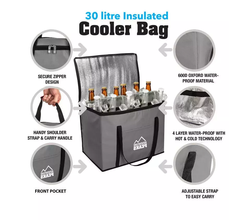 Extra Large Grey Cooling Cooler Bag Box Picnic Hot Lunch Camping Food Ice Drinks