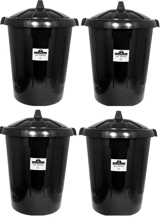 Large Black Dustbin 80 Litre Heavy Duty Shatterproof Rubbish Waste Bin With Lid