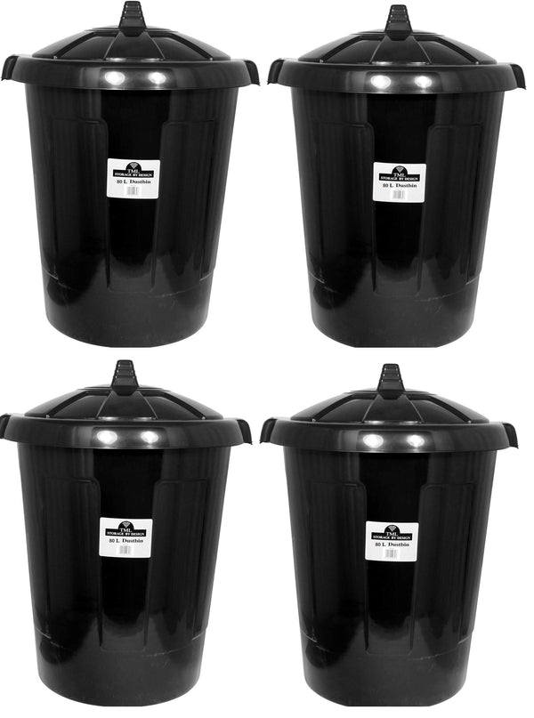 Large Black Dustbin 80 Litre Heavy Duty Shatterproof Rubbish Waste Bin With Lid