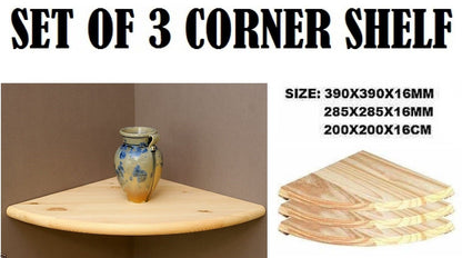 Set Of 3 Natural Wood Corner Shelf Wall Mounted Storage Wooden Unit Shelves Kit