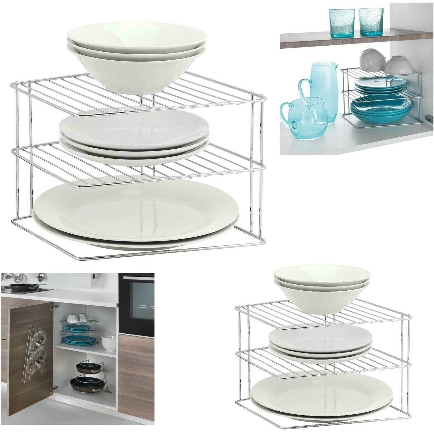 CORNER PLATE RACK 2 TIER WHITE COATED WIRE KITCHEN STORAGE PLATES ORGANISER TIDY