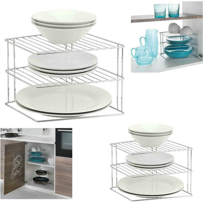 CORNER PLATE RACK 2 TIER WHITE COATED WIRE KITCHEN STORAGE PLATES ORGANISER TIDY