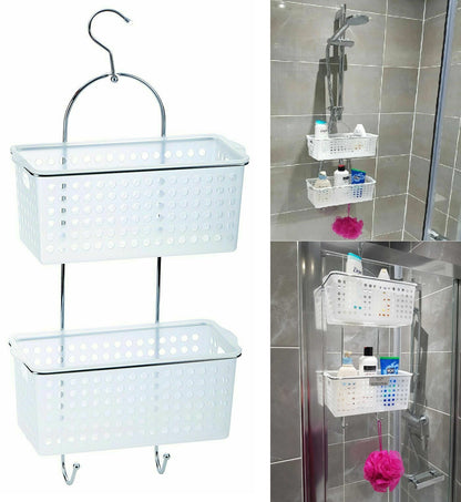 2 Tier Large Hanging Bathroom Organiser Unit Shower Rack Storage Caddy With Hook