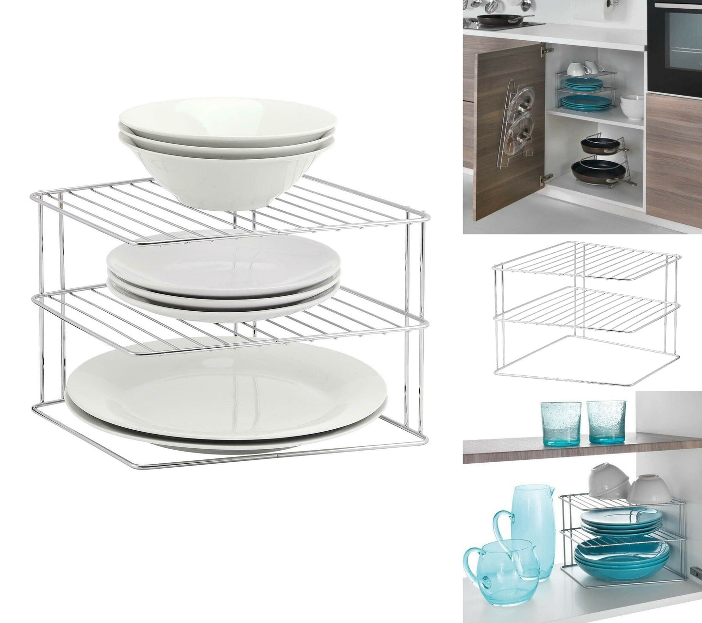 CORNER PLATE RACK 2 TIER WHITE COATED WIRE KITCHEN STORAGE PLATES ORGANISER TIDY