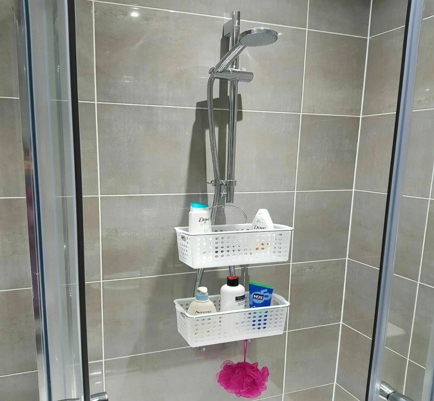 2 Tier Large Hanging Bathroom Organiser Unit Shower Rack Storage Caddy With Hook