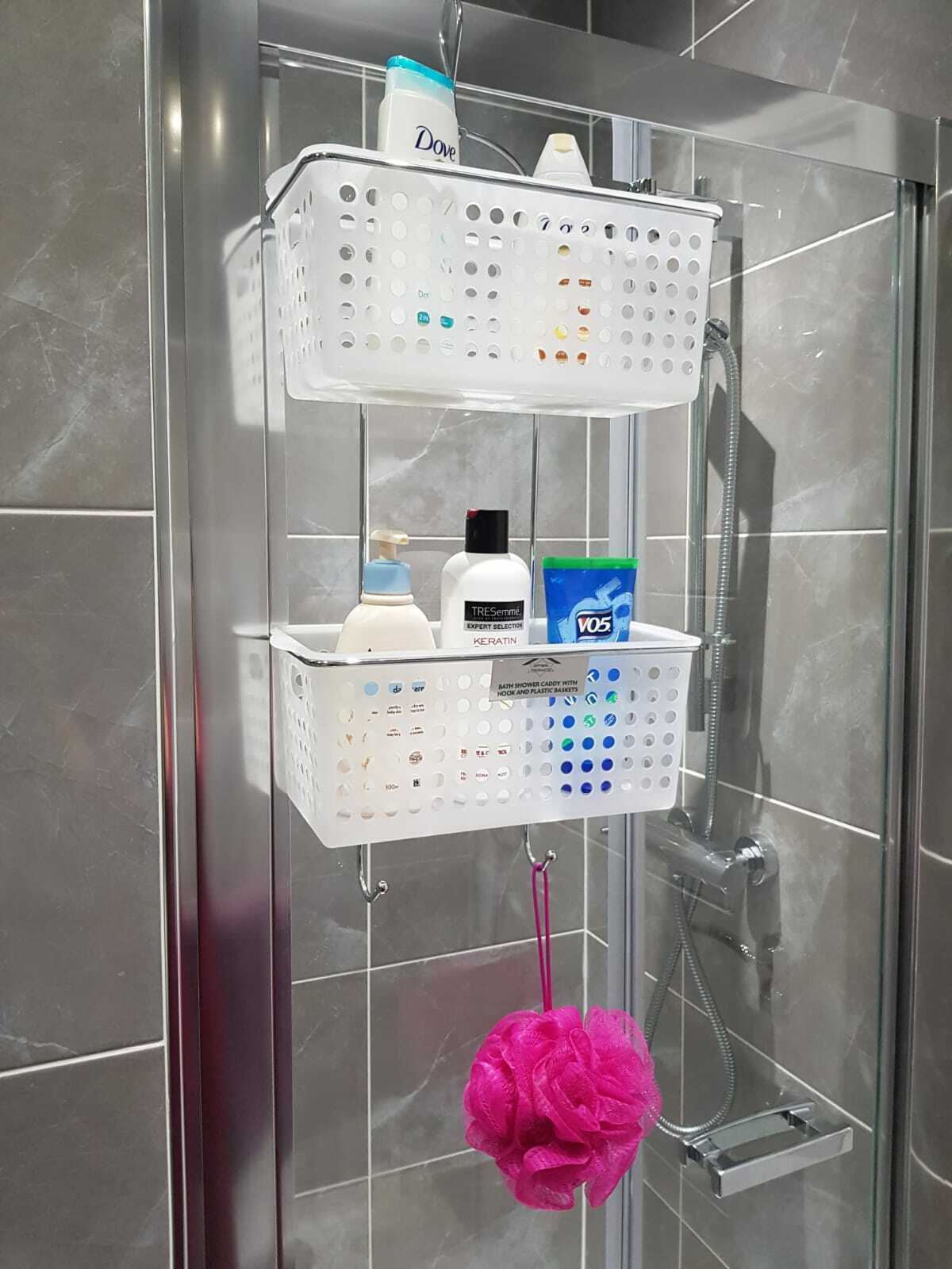 2 Tier Large Hanging Bathroom Organiser Unit Shower Rack Storage Caddy With Hook